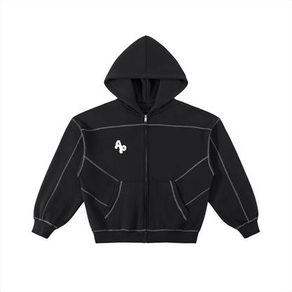 Contrast-Stitched Boxy Fleece Zip Hoodie