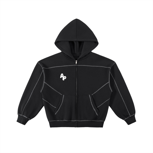 Contrast-Stitched Boxy Fleece Zip Hoodie
