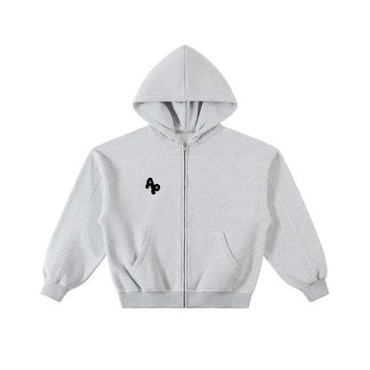 Contrast-Stitched Boxy Fleece Zip Hoodie